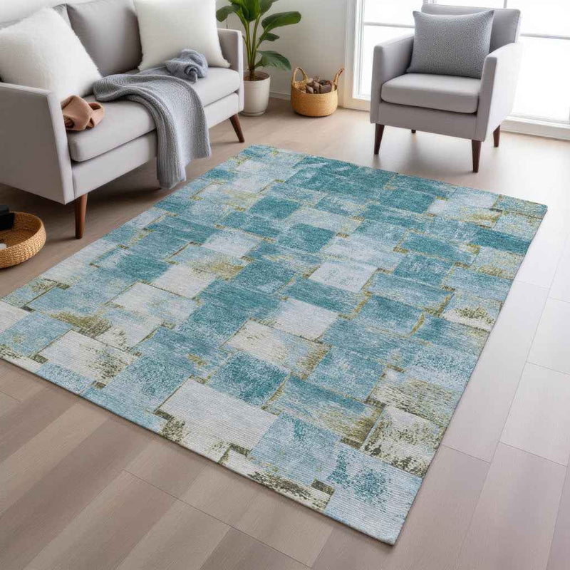 8' X 10' Teal Blue And Khaki Striped Washable Indoor Outdoor Area Rug