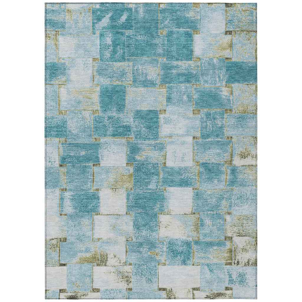 5' X 8' Teal Blue And Khaki Striped Washable Indoor Outdoor Area Rug
