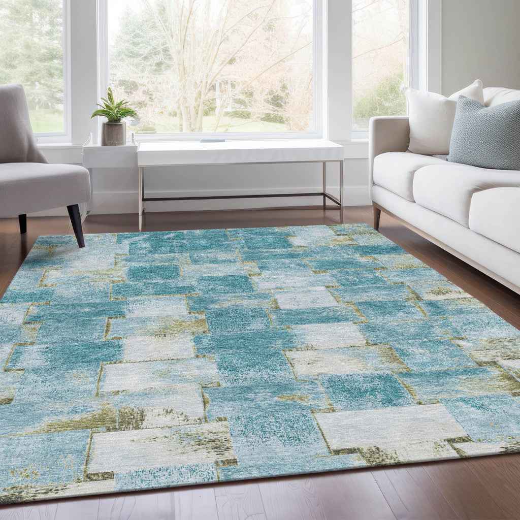 5' X 8' Teal Blue And Khaki Striped Washable Indoor Outdoor Area Rug