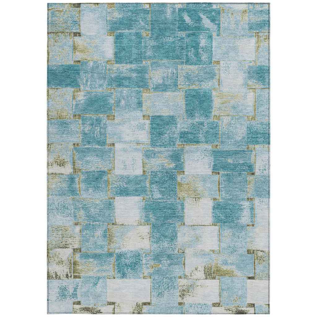 5' X 8' Teal Blue And Khaki Striped Washable Indoor Outdoor Area Rug