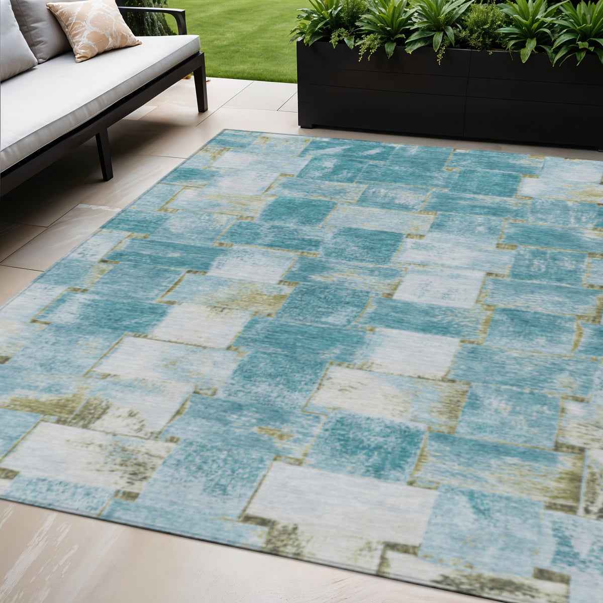 5' X 8' Teal Blue And Khaki Striped Washable Indoor Outdoor Area Rug