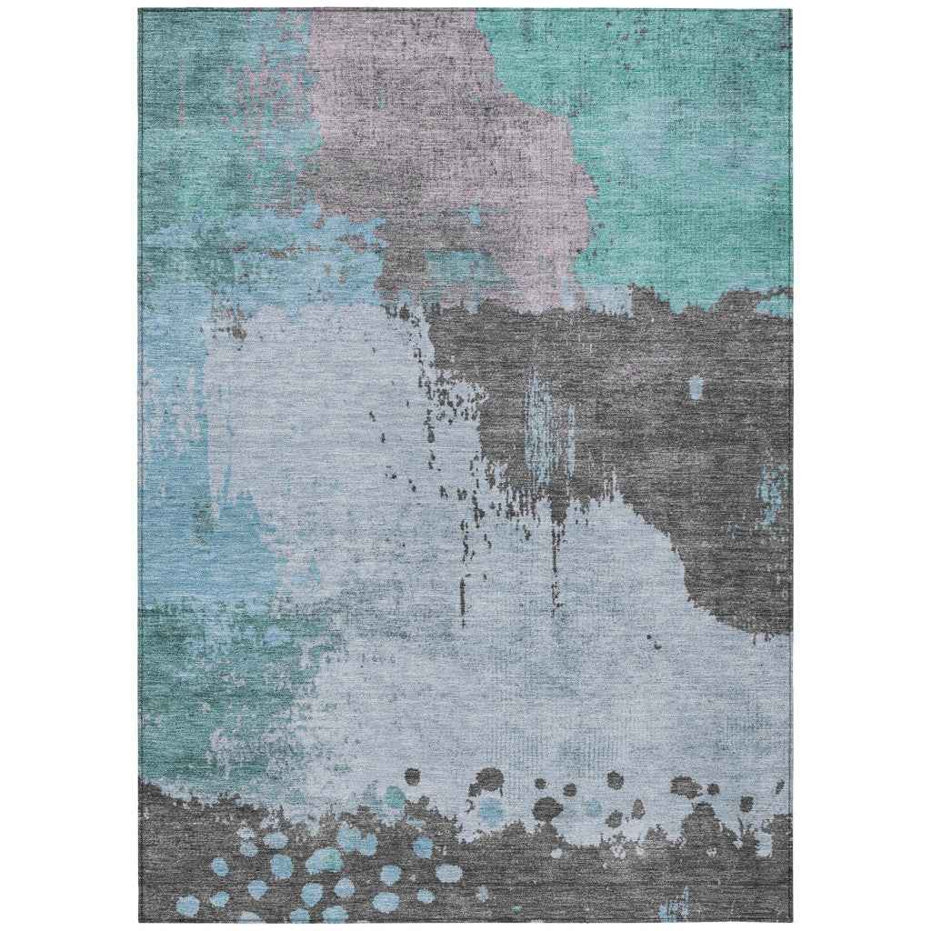 5' X 8' Teal Blue Aqua And Taupe Abstract Washable Indoor Outdoor Area Rug