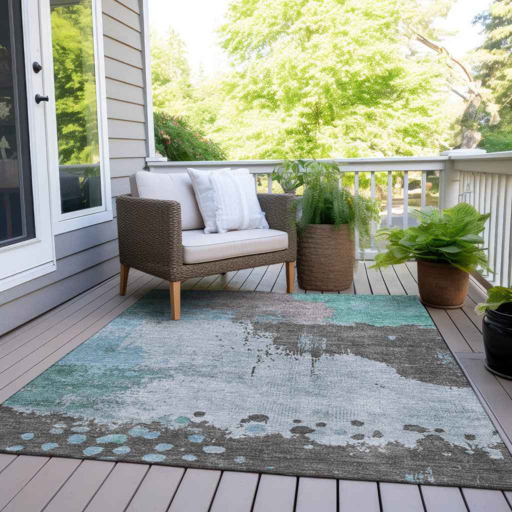 5' X 8' Teal Blue Aqua And Taupe Abstract Washable Indoor Outdoor Area Rug