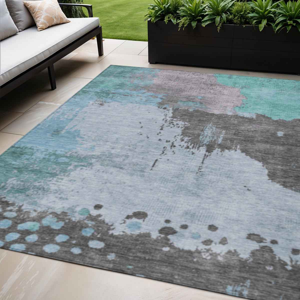5' X 8' Teal Blue Aqua And Taupe Abstract Washable Indoor Outdoor Area Rug