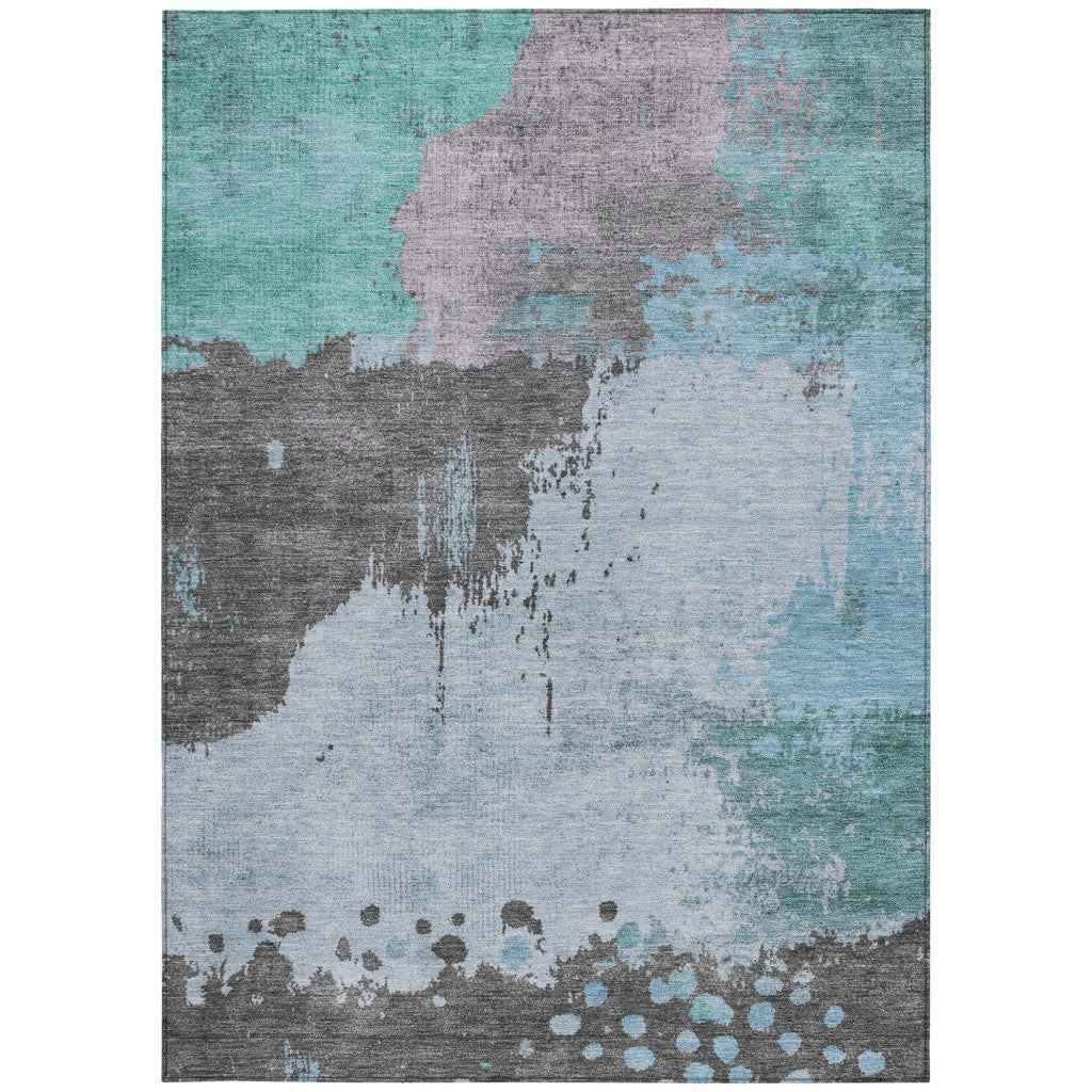 5' X 8' Teal Blue Aqua And Taupe Abstract Washable Indoor Outdoor Area Rug