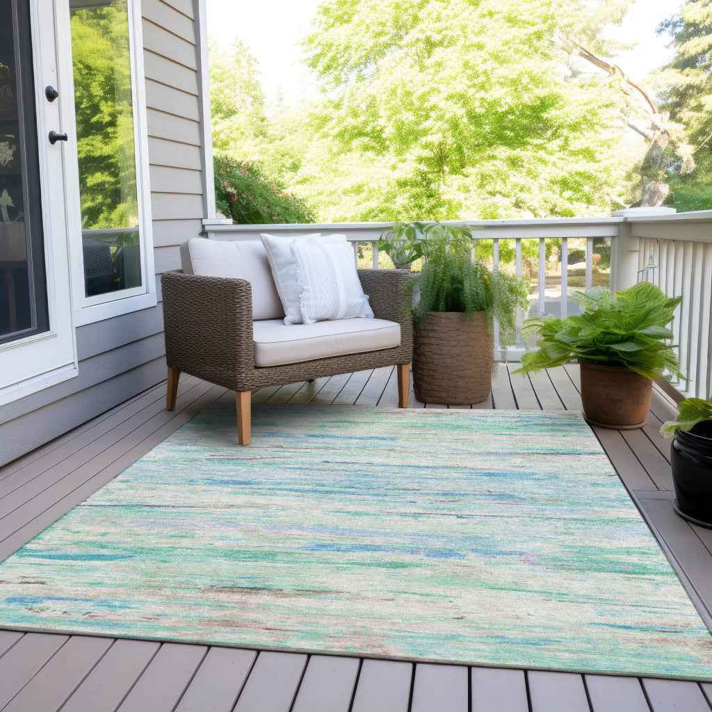 3' X 5' Teal Blue And Ivory Abstract Washable Indoor Outdoor Area Rug
