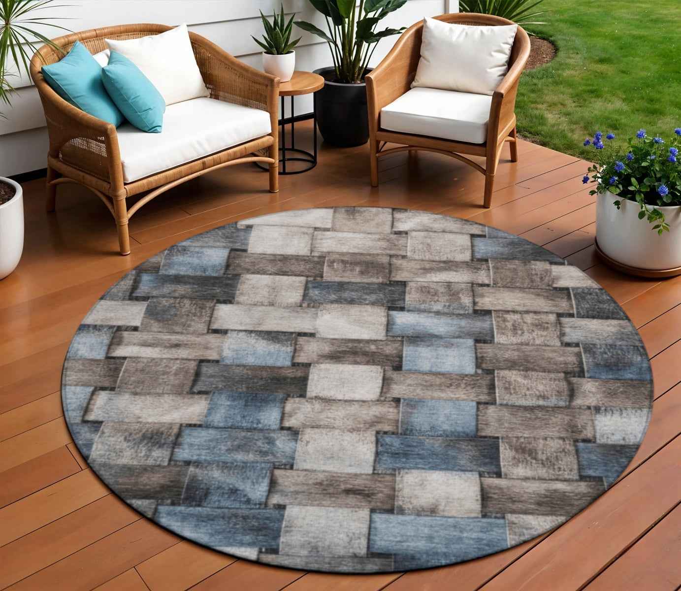 8' Taupe And Denim Blue Round Striped Washable Indoor Outdoor Area Rug