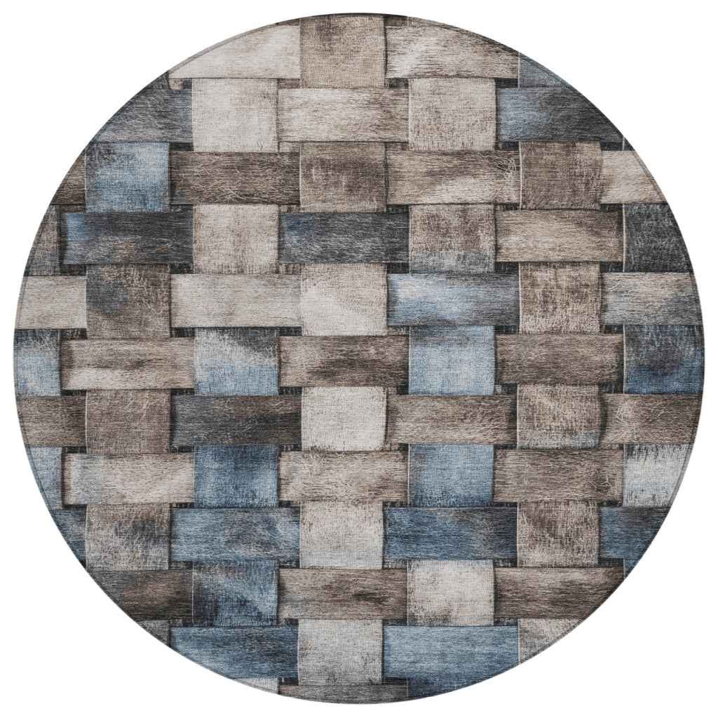 8' Taupe And Denim Blue Round Striped Washable Indoor Outdoor Area Rug