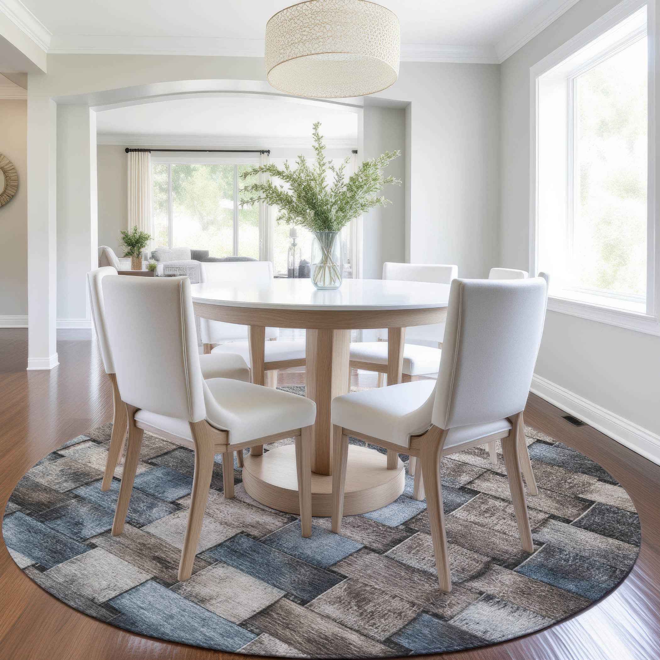 8' Taupe And Denim Blue Round Striped Washable Indoor Outdoor Area Rug