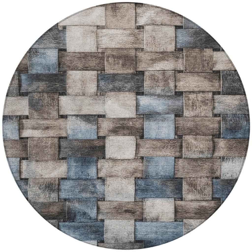 8' Taupe And Denim Blue Round Striped Washable Indoor Outdoor Area Rug