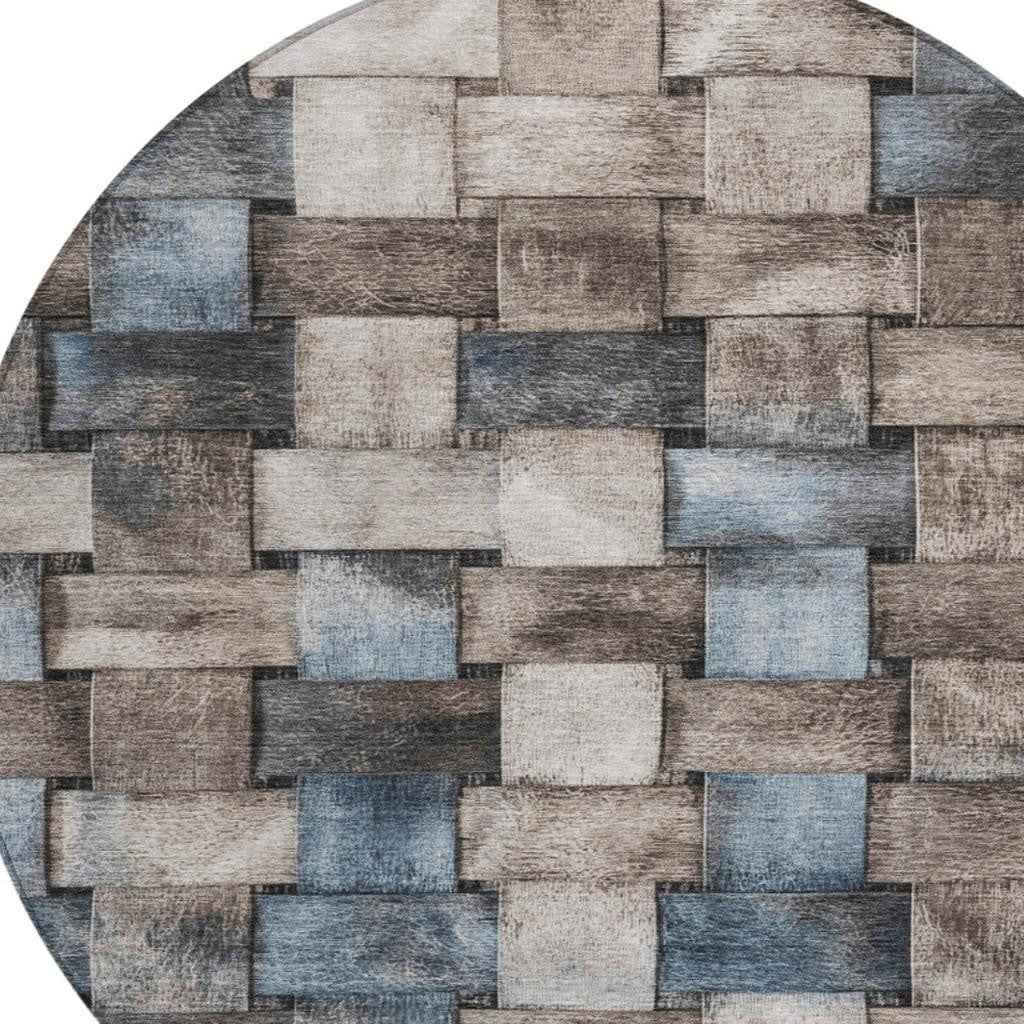 8' Taupe And Denim Blue Round Striped Washable Indoor Outdoor Area Rug