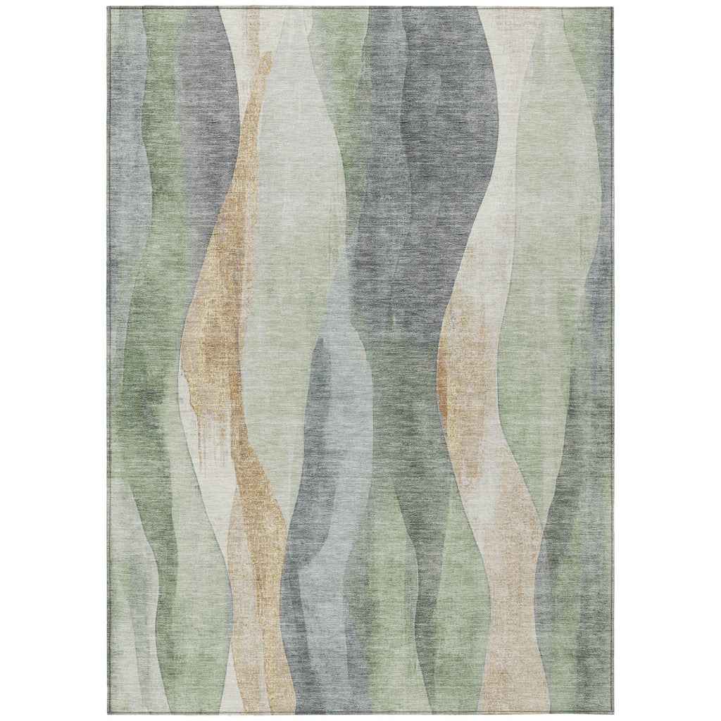 8' X 10' Artichoke Green And Gray Abstract Washable Indoor Outdoor Area Rug