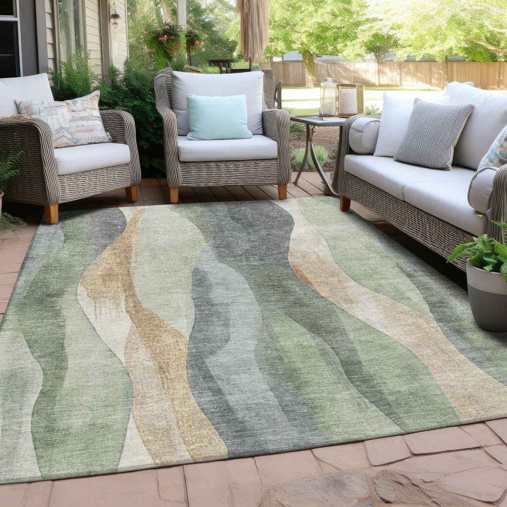 8' X 10' Artichoke Green And Gray Abstract Washable Indoor Outdoor Area Rug