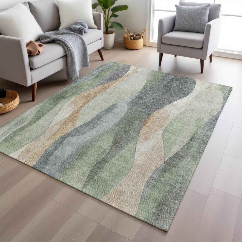 8' X 10' Artichoke Green And Gray Abstract Washable Indoor Outdoor Area Rug
