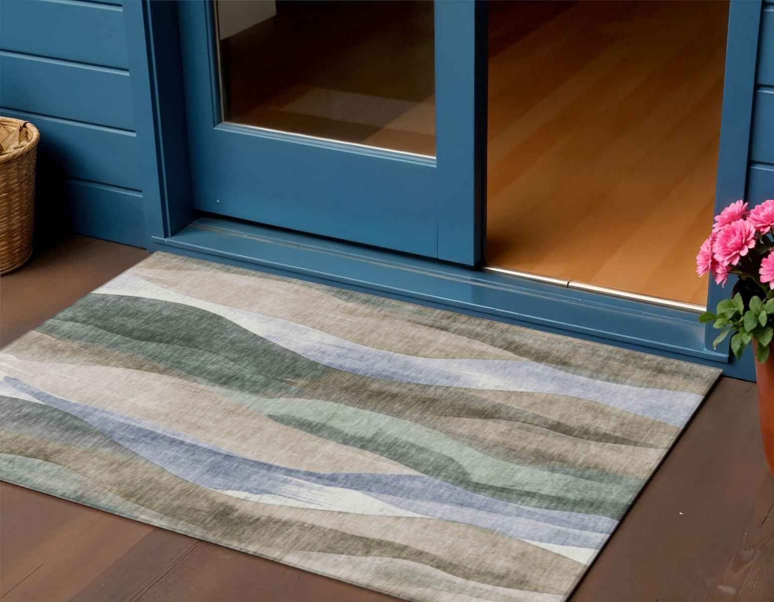 3' X 5' Beige And Denim Blue Abstract Washable Indoor Outdoor Area Rug