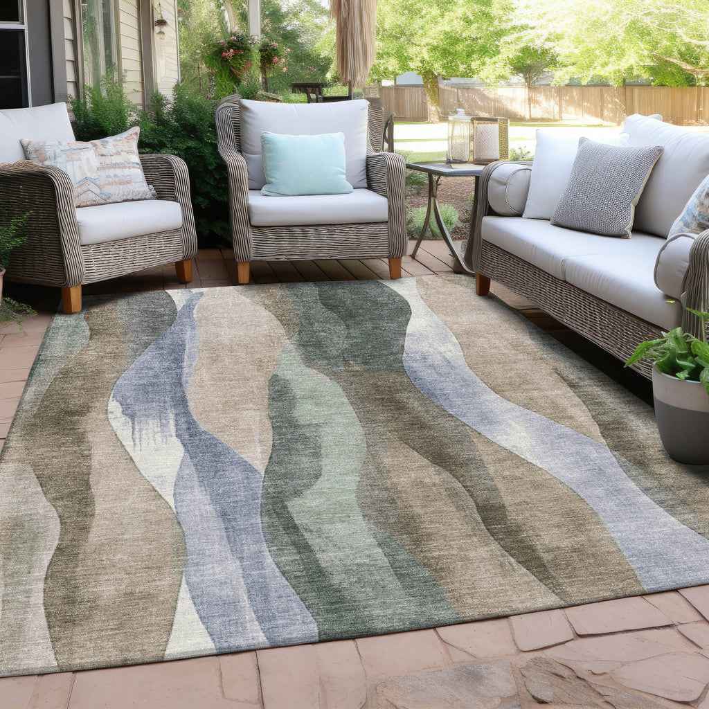 3' X 5' Beige And Denim Blue Abstract Washable Indoor Outdoor Area Rug