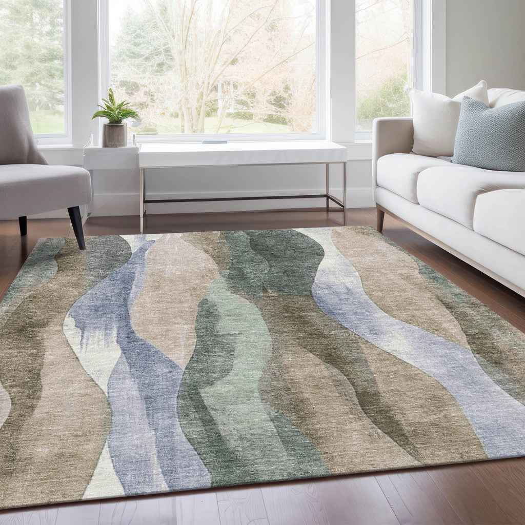 3' X 5' Beige And Denim Blue Abstract Washable Indoor Outdoor Area Rug