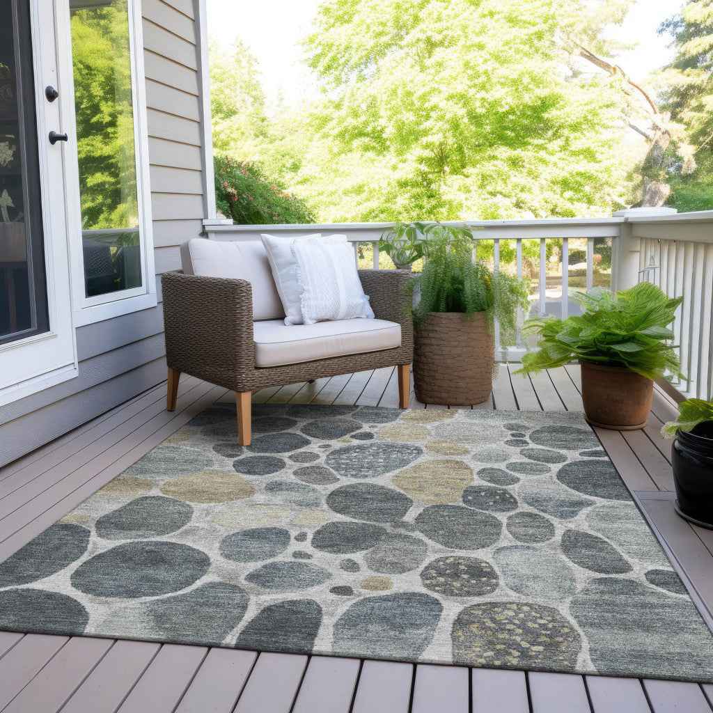 8' X 10' Pewter Beige And Ivory Geometric Washable Indoor Outdoor Area Rug