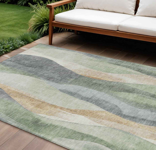 9' X 12' Artichoke Green And Gray Abstract Washable Indoor Outdoor Area Rug