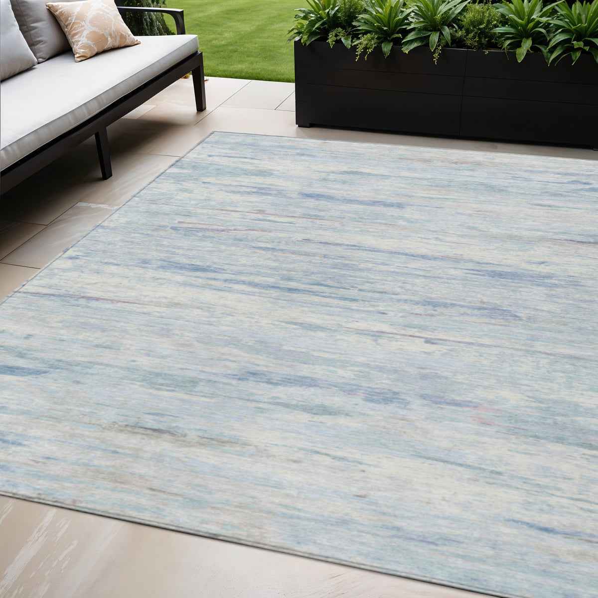 5' X 8' Sky Blue And Ivory Abstract Washable Indoor Outdoor Area Rug