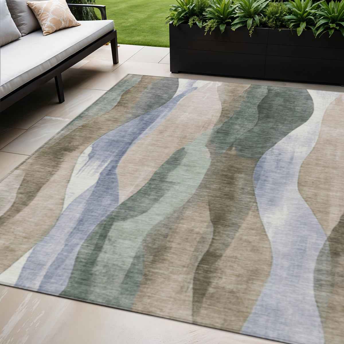 5' X 8' Beige And Denim Blue Abstract Washable Indoor Outdoor Area Rug