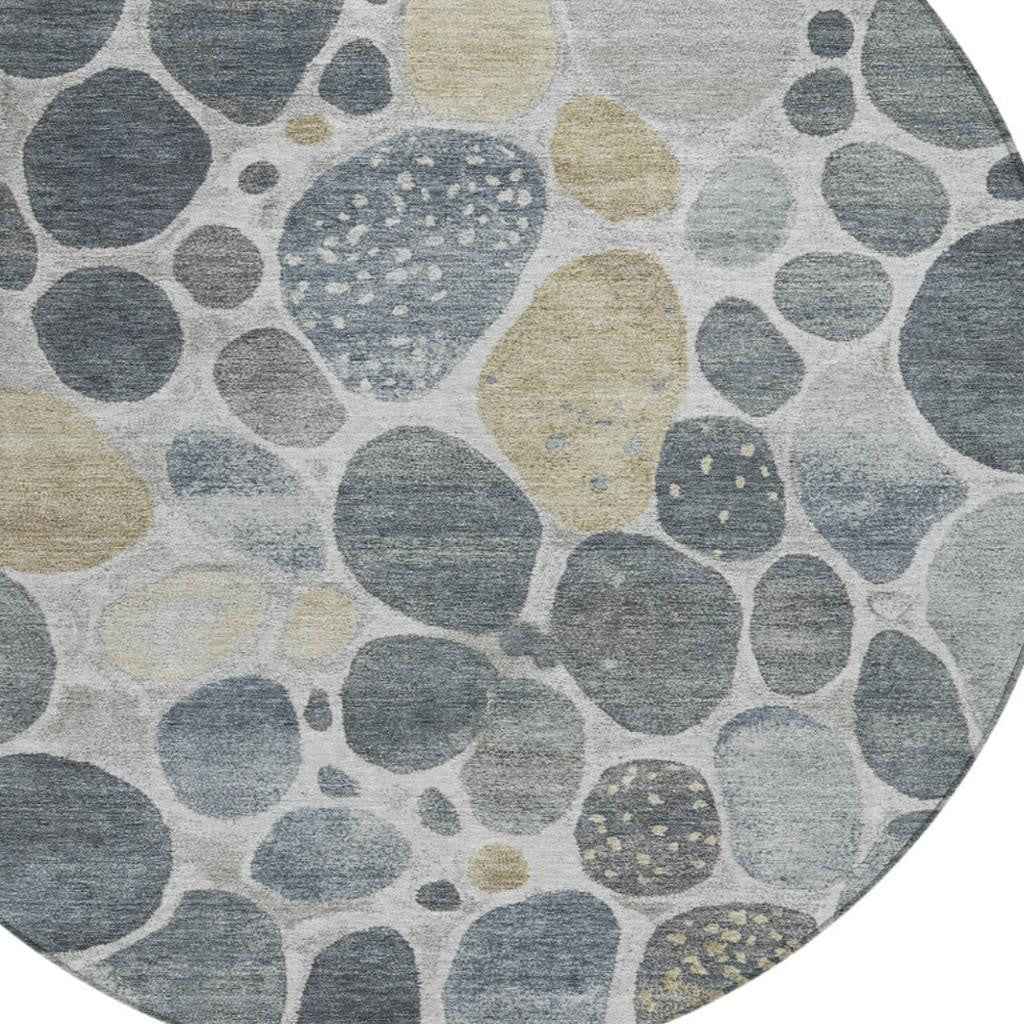 8' Pewter Beige And Ivory Round Geometric Washable Indoor Outdoor Area Rug