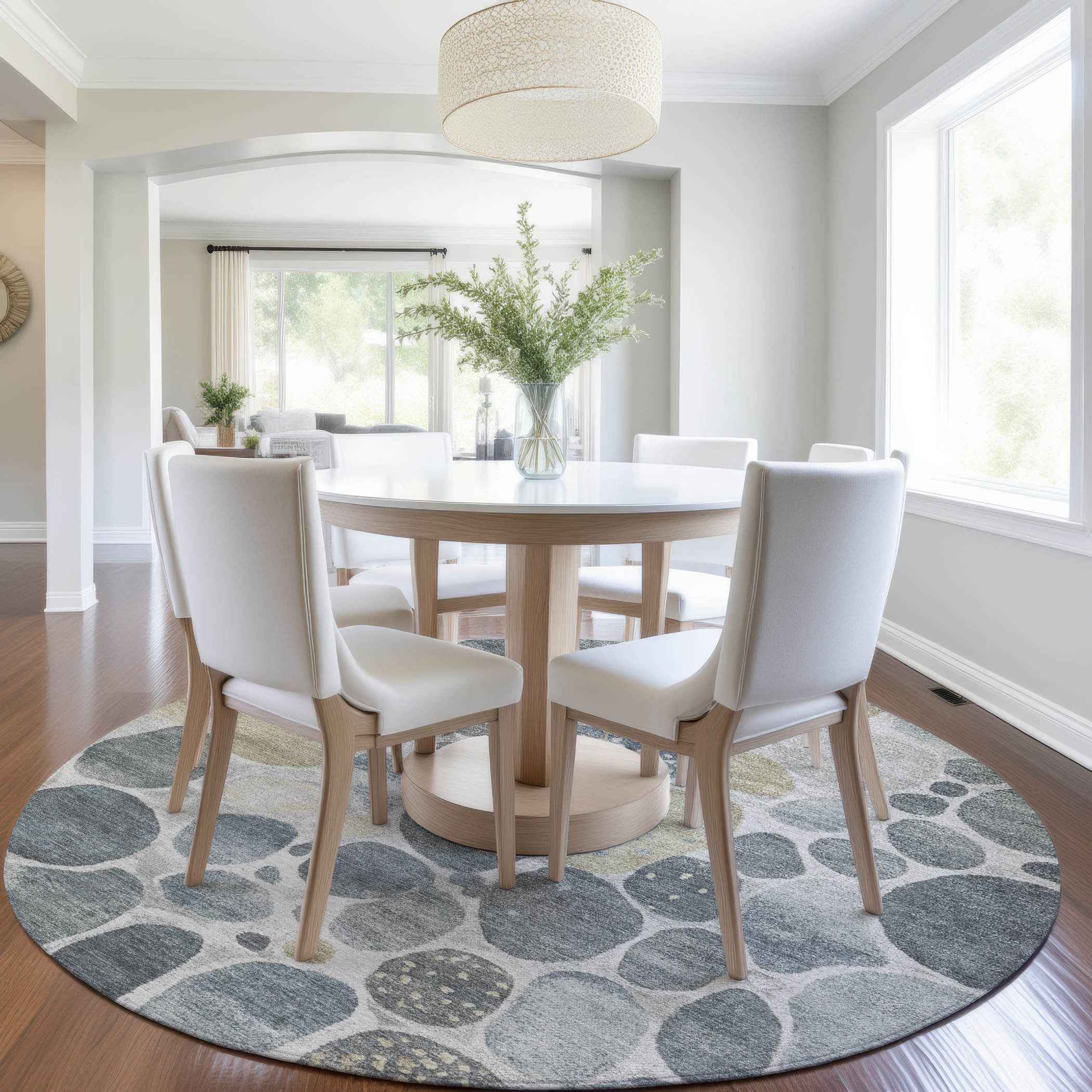 8' Pewter Beige And Ivory Round Geometric Washable Indoor Outdoor Area Rug