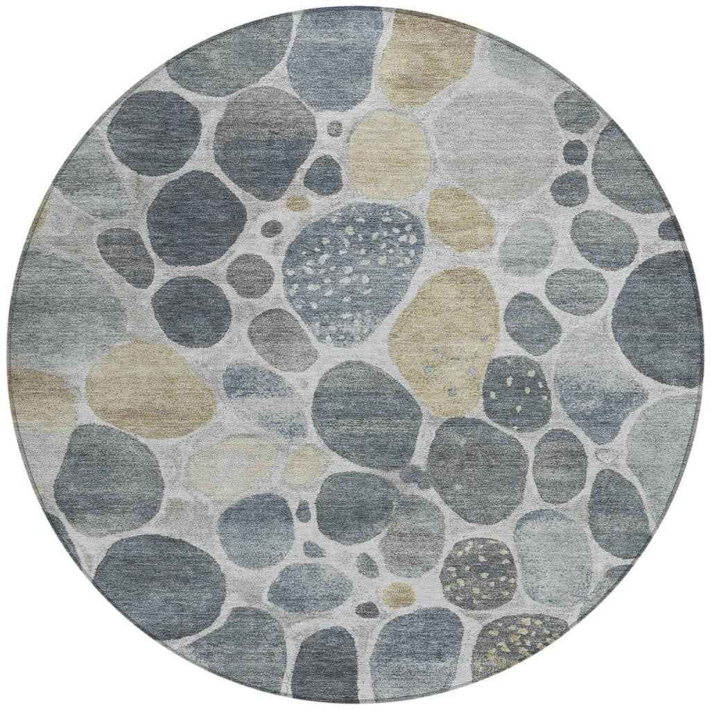 8' Pewter Beige And Ivory Round Geometric Washable Indoor Outdoor Area Rug