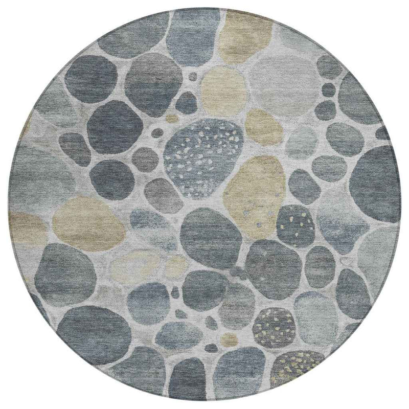 8' Pewter Beige And Ivory Round Geometric Washable Indoor Outdoor Area Rug