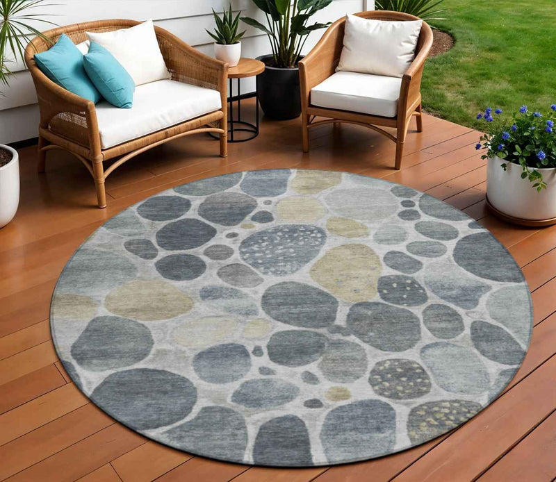 8' Pewter Beige And Ivory Round Geometric Washable Indoor Outdoor Area Rug
