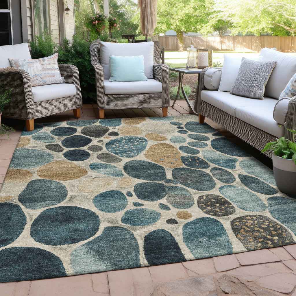 3' X 5' Teal Blue Beige And Ivory Geometric Washable Indoor Outdoor Area Rug
