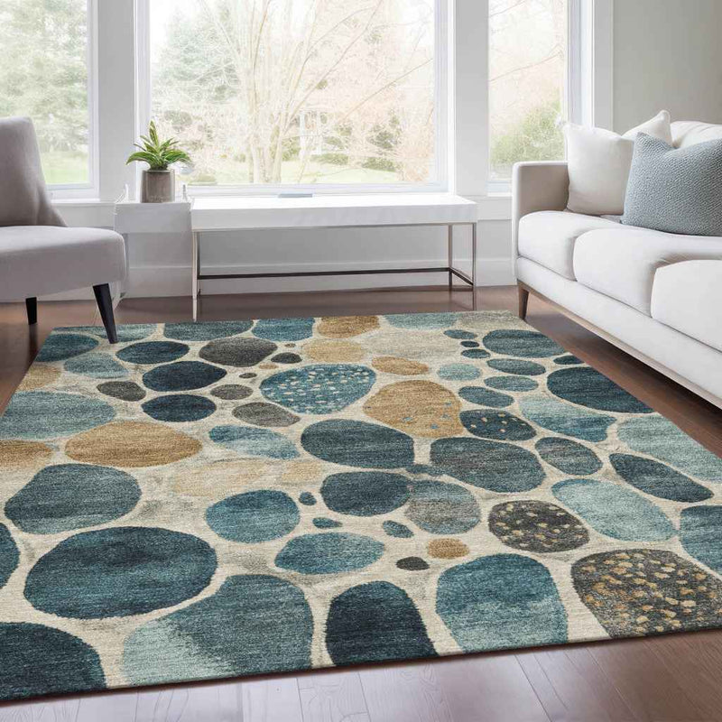 3' X 5' Teal Blue Beige And Ivory Geometric Washable Indoor Outdoor Area Rug