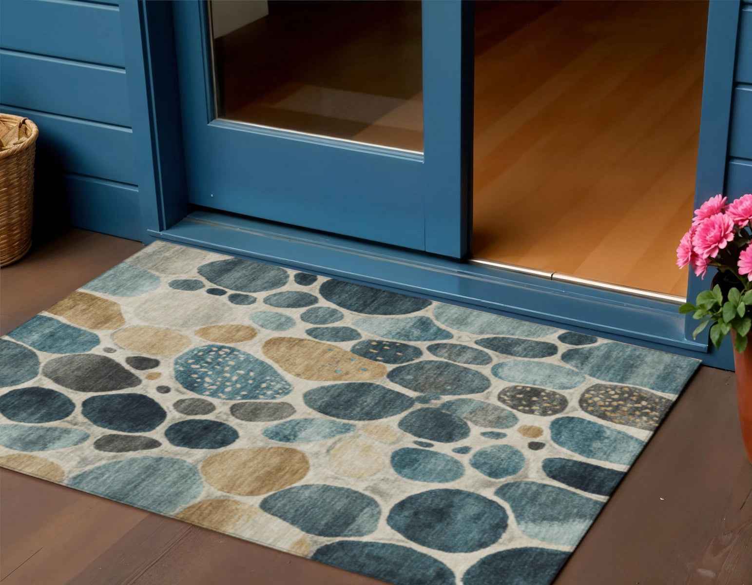 3' X 5' Teal Blue Beige And Ivory Geometric Washable Indoor Outdoor Area Rug