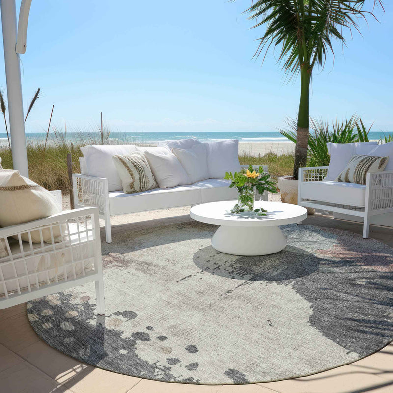 8' Khaki Charcoal And Ivory Round Abstract Washable Indoor Outdoor Area Rug