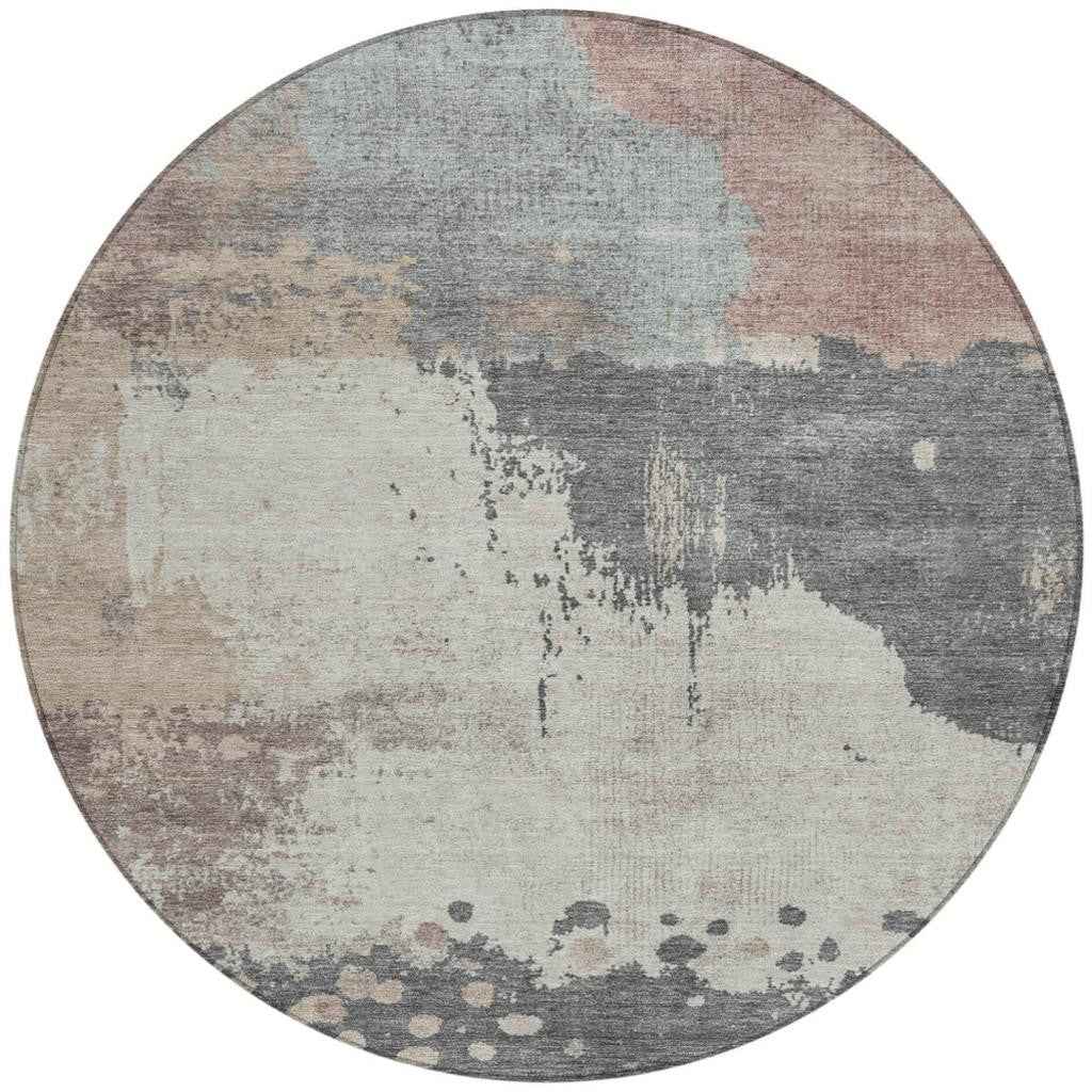 8' Khaki Charcoal And Ivory Round Abstract Washable Indoor Outdoor Area Rug