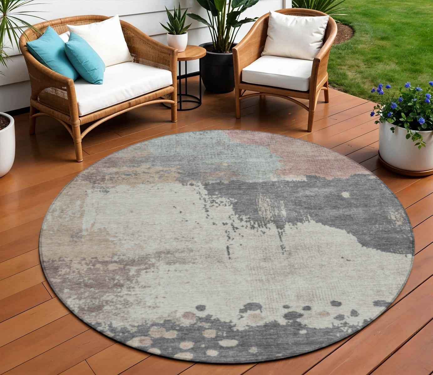 8' Khaki Charcoal And Ivory Round Abstract Washable Indoor Outdoor Area Rug