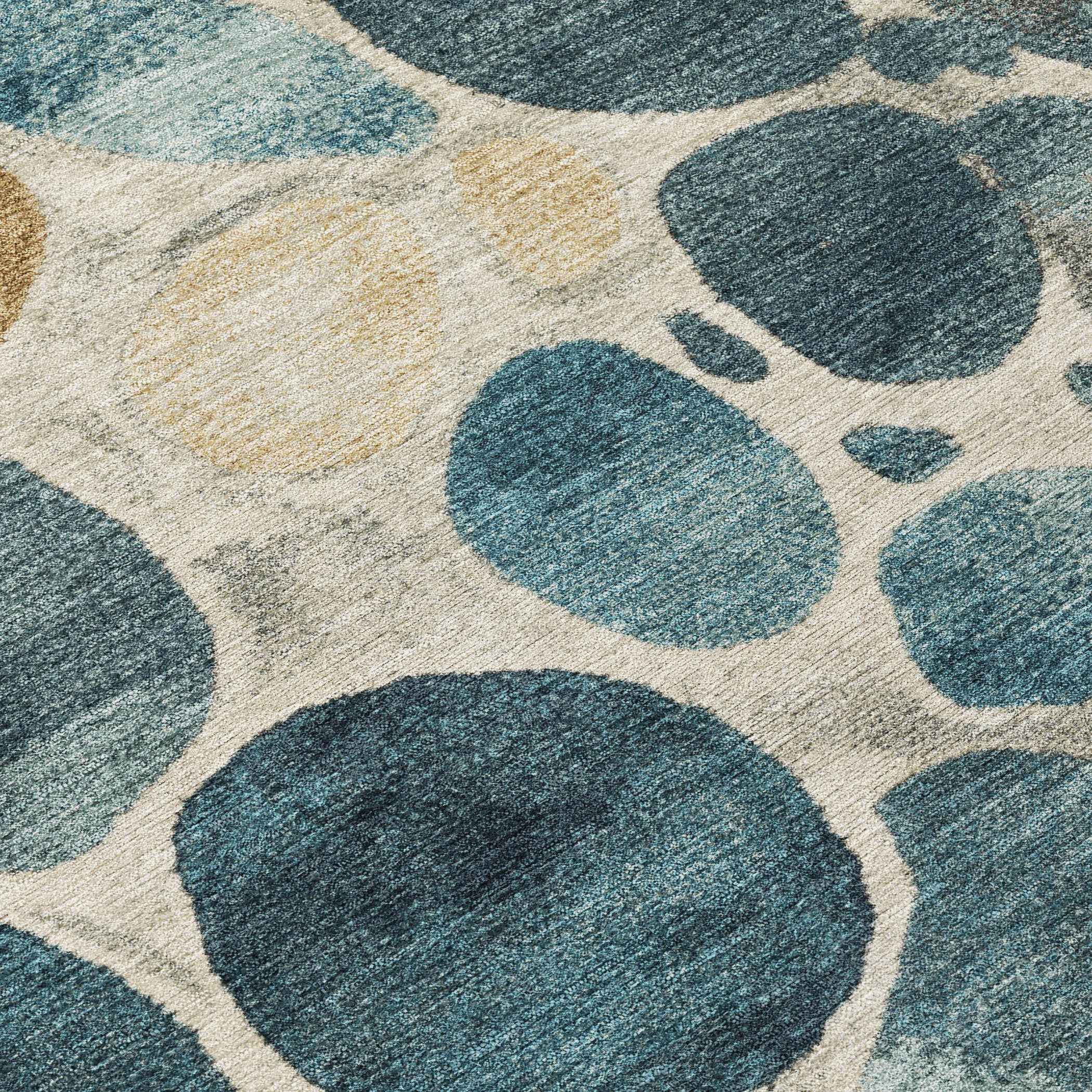 8' Teal Blue Beige And Ivory Round Geometric Washable Indoor Outdoor Area Rug