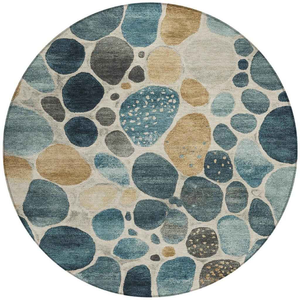 8' Teal Blue Beige And Ivory Round Geometric Washable Indoor Outdoor Area Rug