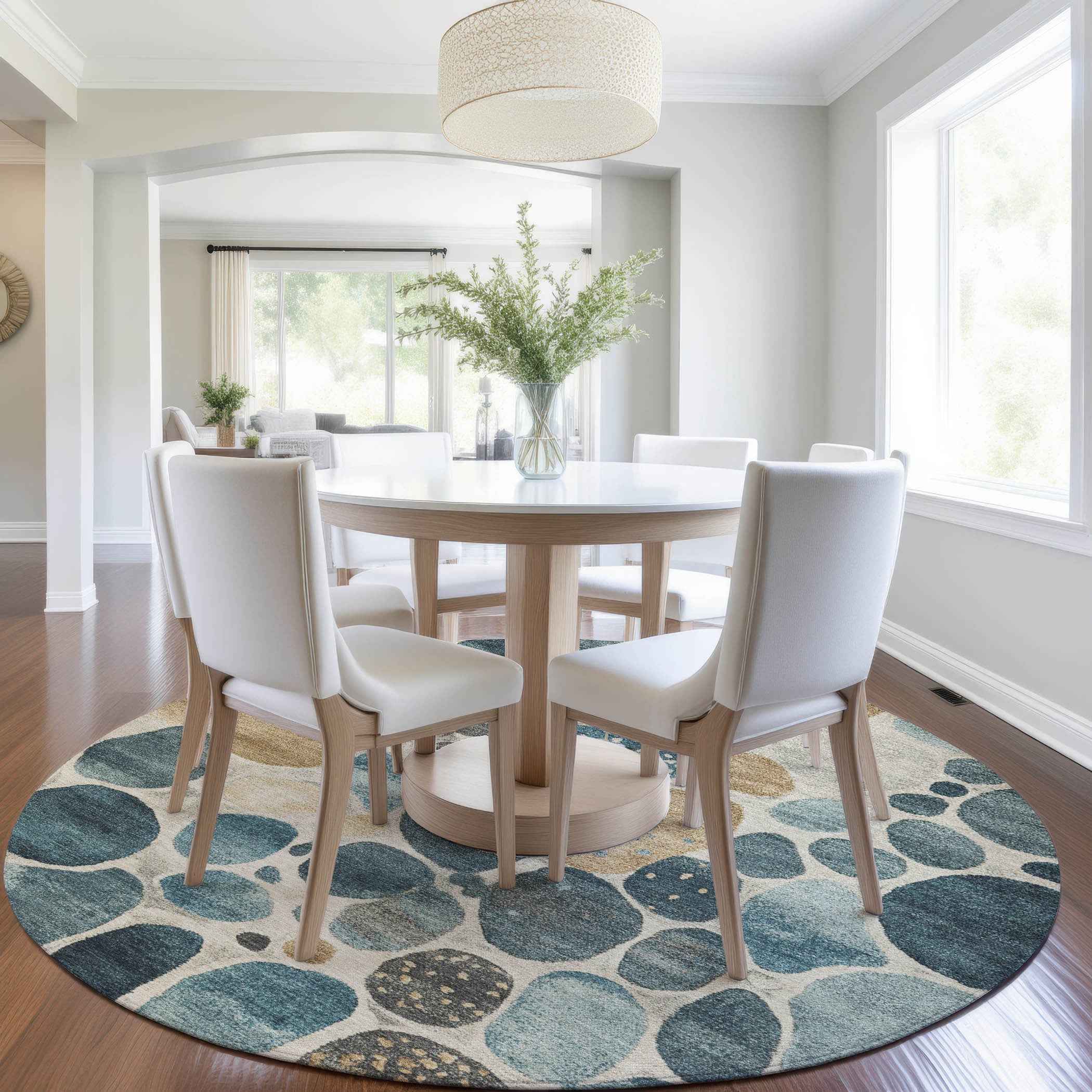 8' Teal Blue Beige And Ivory Round Geometric Washable Indoor Outdoor Area Rug