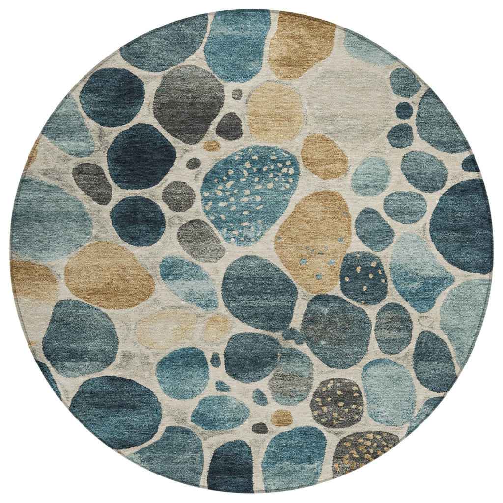 8' Teal Blue Beige And Ivory Round Geometric Washable Indoor Outdoor Area Rug