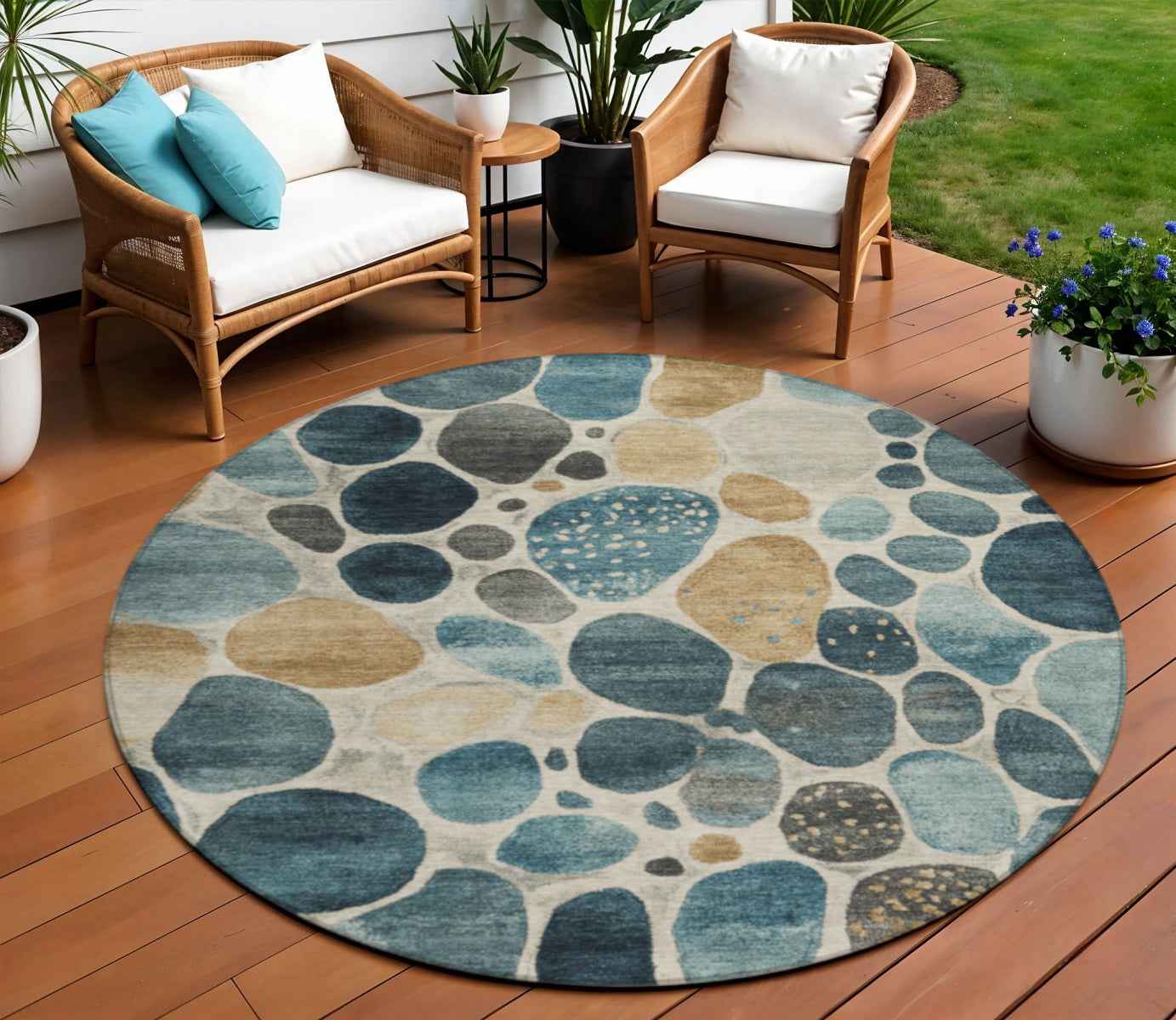 8' Teal Blue Beige And Ivory Round Geometric Washable Indoor Outdoor Area Rug