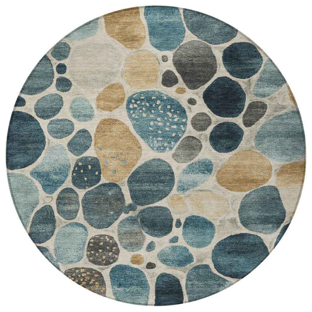 8' Teal Blue Beige And Ivory Round Geometric Washable Indoor Outdoor Area Rug