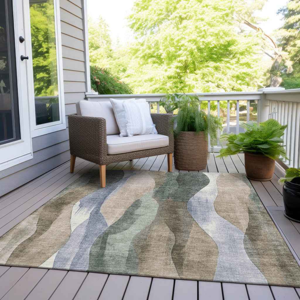 10' X 14' Beige And Denim Blue Abstract Washable Indoor Outdoor Area Rug
