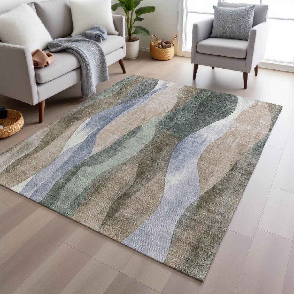 10' X 14' Beige And Denim Blue Abstract Washable Indoor Outdoor Area Rug