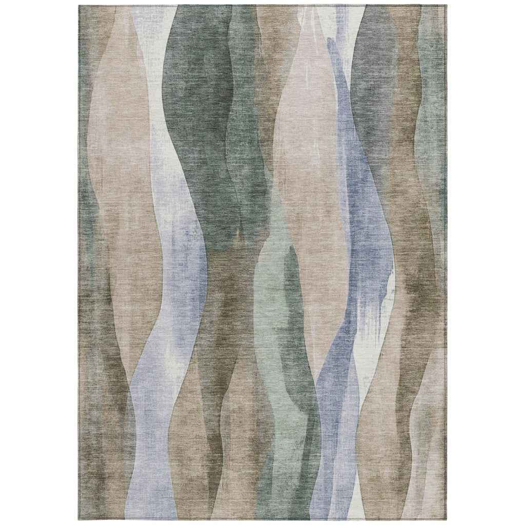 10' X 14' Beige And Denim Blue Abstract Washable Indoor Outdoor Area Rug