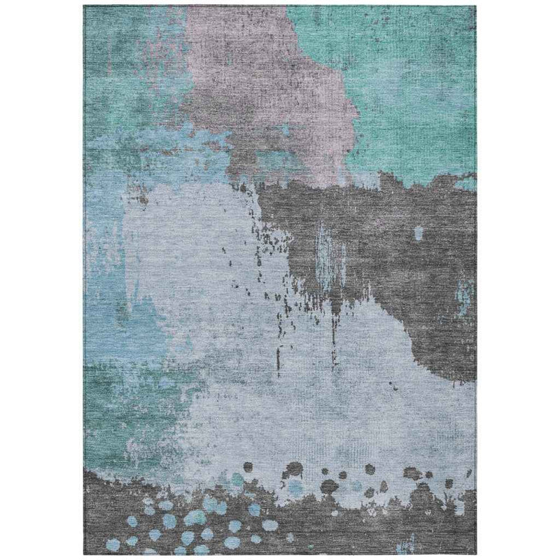 9' X 12' Teal Blue Aqua And Taupe Abstract Washable Indoor Outdoor Area Rug