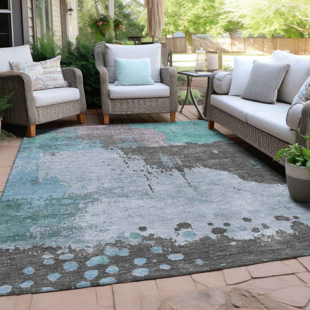 9' X 12' Teal Blue Aqua And Taupe Abstract Washable Indoor Outdoor Area Rug