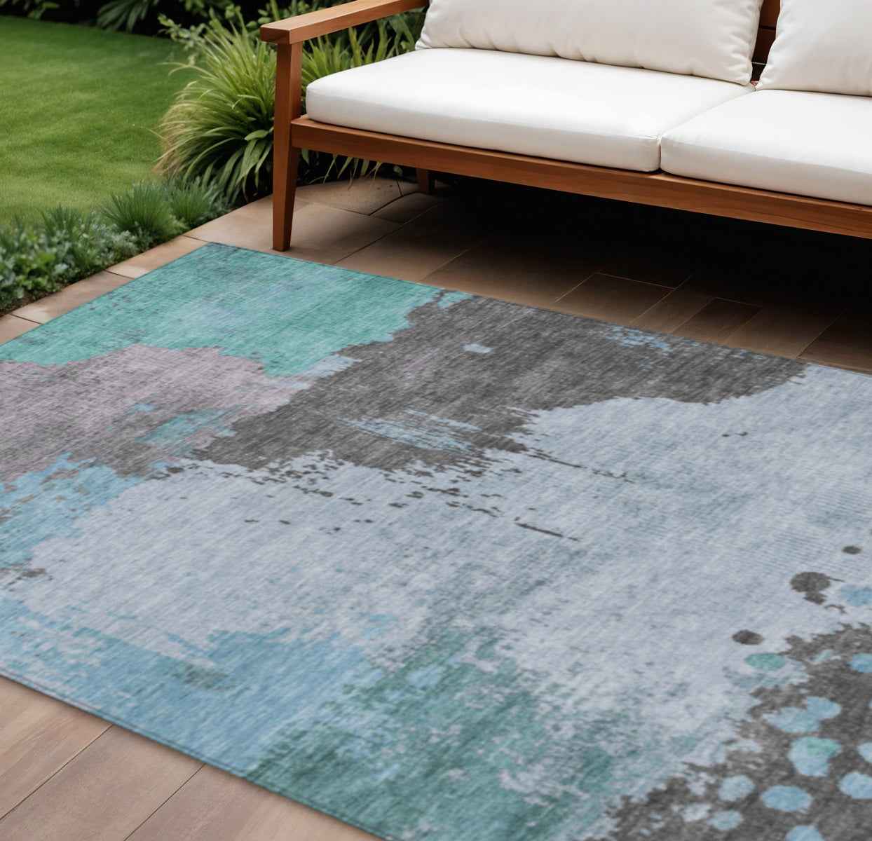 9' X 12' Teal Blue Aqua And Taupe Abstract Washable Indoor Outdoor Area Rug