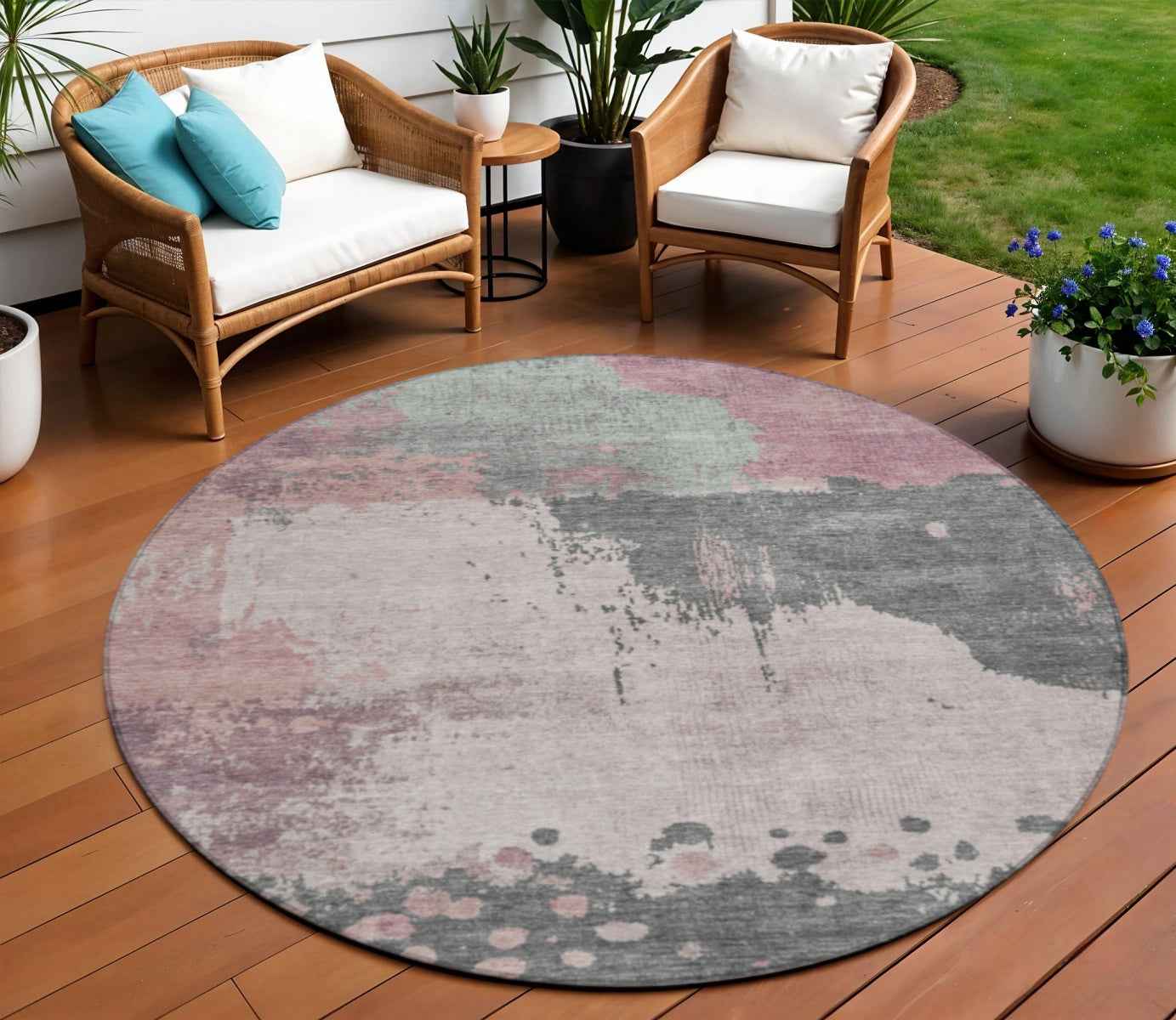 8' Blush Sage And Charcoal Round Abstract Washable Indoor Outdoor Area Rug