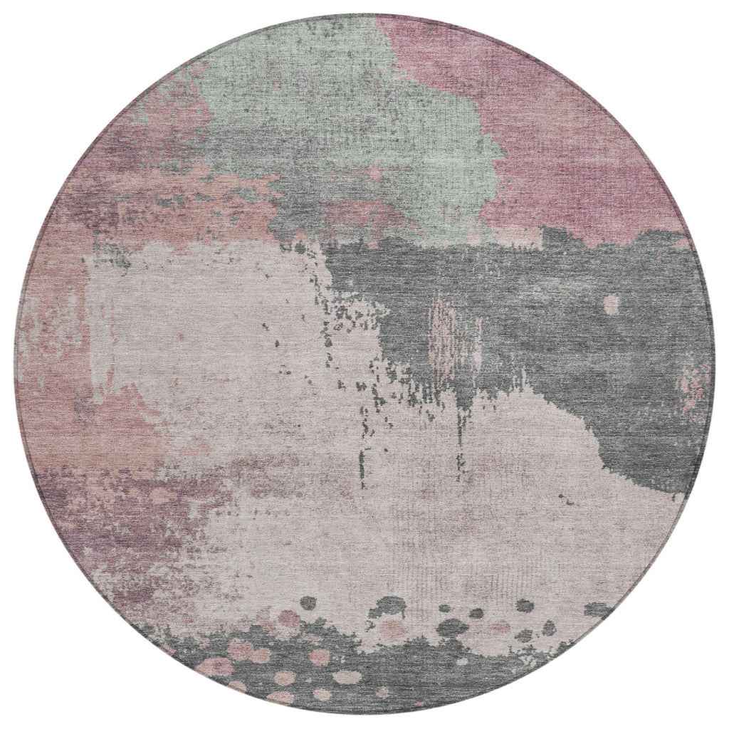 8' Blush Sage And Charcoal Round Abstract Washable Indoor Outdoor Area Rug
